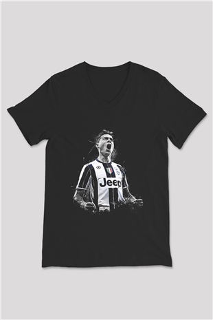 Paulo Dybala Baskılı Unisex Siyah V Yaka Tişört - Tshirt