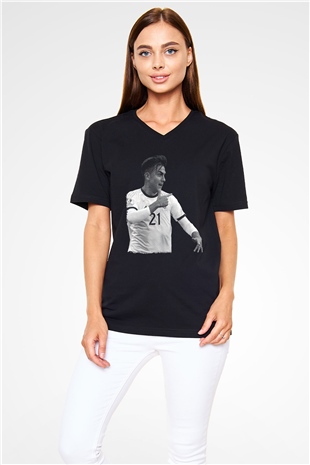 Paulo Dybala Baskılı Unisex Siyah V Yaka Tişört - Tshirt