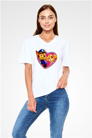 Paw Patrol Beyaz Unisex V Yaka Tişört T-Shirt