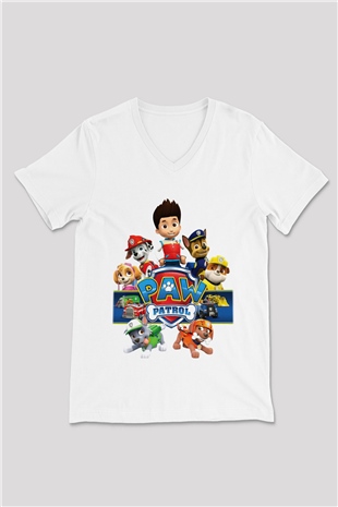 Paw Patrol Beyaz Unisex V Yaka Tişört T-Shirt
