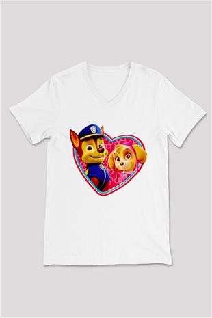 Paw Patrol Beyaz Unisex V Yaka Tişört T-Shirt