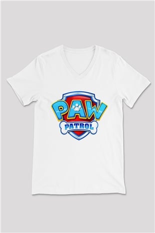 Paw Patrol Beyaz Unisex V Yaka Tişört T-Shirt