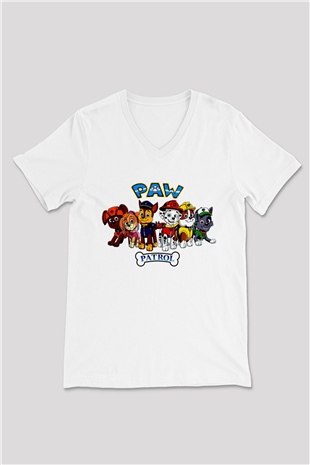 Paw Patrol Beyaz Unisex V Yaka Tişört