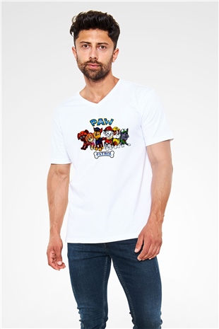 Paw Patrol Beyaz Unisex V Yaka Tişört