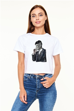 Peaky Blinders Baskılı Beyaz Crop Top Kadın Tişört - Tshirt