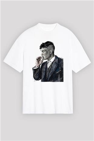 Peaky Blinders Baskılı Beyaz Unisex Oversize Tişört - Tshirt
