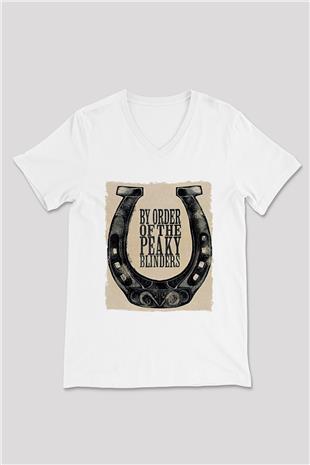 Peaky Blinders Baskılı Beyaz Unisex V Yaka Tişört - Tshirt