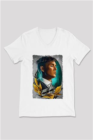 Peaky Blinders Baskılı Beyaz Unisex V Yaka Tişört - Tshirt