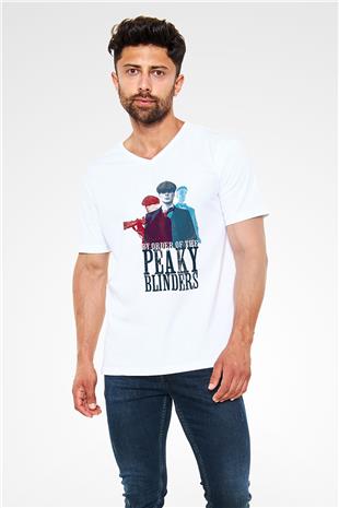 Peaky Blinders Baskılı Beyaz Unisex V Yaka Tişört - Tshirt