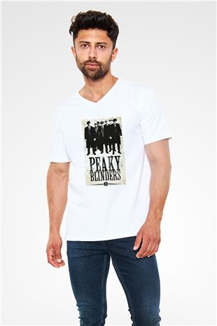 Peaky Blinders Baskılı Beyaz Unisex V Yaka Tişört - Tshirt