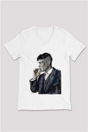Peaky Blinders Baskılı Beyaz Unisex V Yaka Tişört - Tshirt