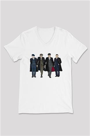 Peaky Blinders Baskılı Beyaz Unisex V Yaka Tişört - Tshirt