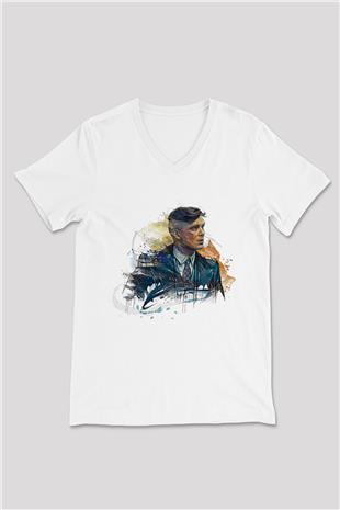 Peaky Blinders Baskılı Beyaz Unisex V Yaka Tişört - Tshirt