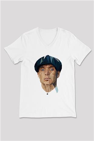 Peaky Blinders Baskılı Beyaz Unisex V Yaka Tişört - Tshirt