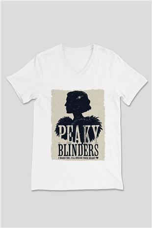 Peaky Blinders Baskılı Beyaz Unisex V Yaka Tişört - Tshirt