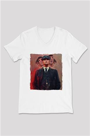 Peaky Blinders Baskılı Beyaz Unisex V Yaka Tişört - Tshirt