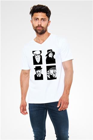 Peaky Blinders Baskılı Beyaz Unisex V Yaka Tişört - Tshirt