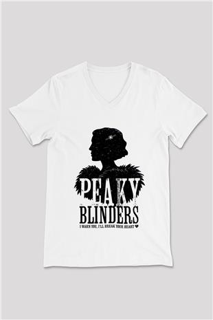 Peaky Blinders Baskılı Beyaz Unisex V Yaka Tişört - Tshirt