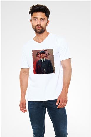 Peaky Blinders Baskılı Beyaz Unisex V Yaka Tişört - Tshirt