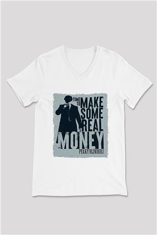 Peaky Blinders Baskılı Beyaz Unisex V Yaka Tişört - Tshirt