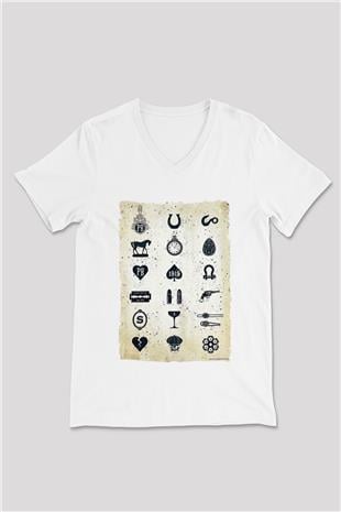 Peaky Blinders Baskılı Beyaz Unisex V Yaka Tişört - Tshirt