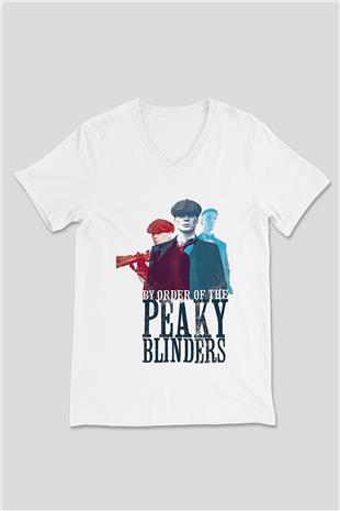 Peaky Blinders Baskılı Beyaz Unisex V Yaka Tişört - Tshirt