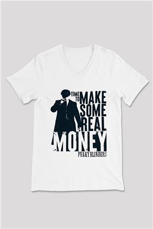 Peaky Blinders Baskılı Beyaz Unisex V Yaka Tişört - Tshirt
