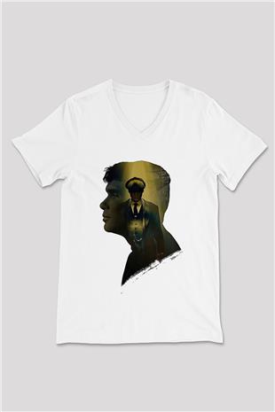 Peaky Blinders Baskılı Beyaz Unisex V Yaka Tişört - Tshirt