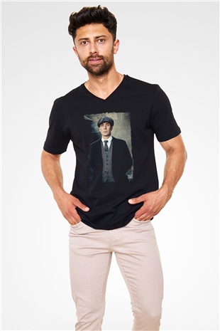 Peaky Blinders Baskılı Unisex Siyah V Yaka Tişört - Tshirt
