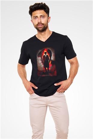 Peaky Blinders Baskılı Unisex Siyah V Yaka Tişört - Tshirt