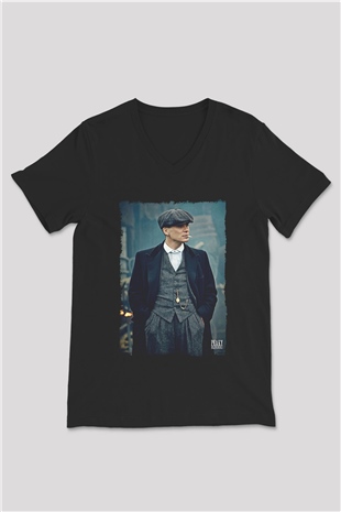 Peaky Blinders Baskılı Unisex Siyah V Yaka Tişört - Tshirt