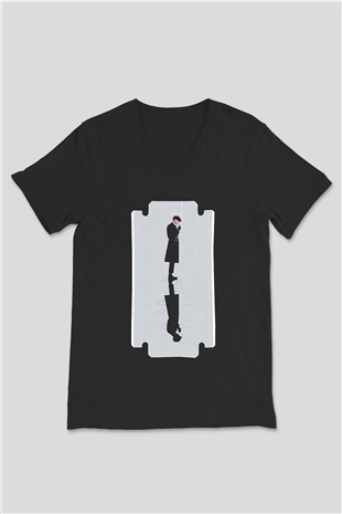 Peaky Blinders Baskılı Unisex Siyah V Yaka Tişört - Tshirt