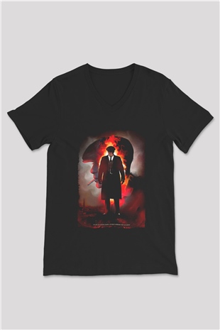 Peaky Blinders Baskılı Unisex Siyah V Yaka Tişört - Tshirt