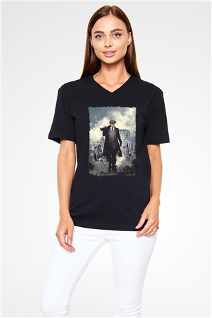 Peaky Blinders Baskılı Unisex Siyah V Yaka Tişört - Tshirt