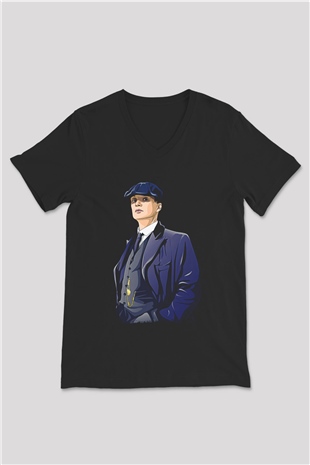 Peaky Blinders Baskılı Unisex Siyah V Yaka Tişört - Tshirt