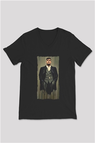 Peaky Blinders Baskılı Unisex Siyah V Yaka Tişört - Tshirt