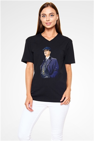 Peaky Blinders Baskılı Unisex Siyah V Yaka Tişört - Tshirt