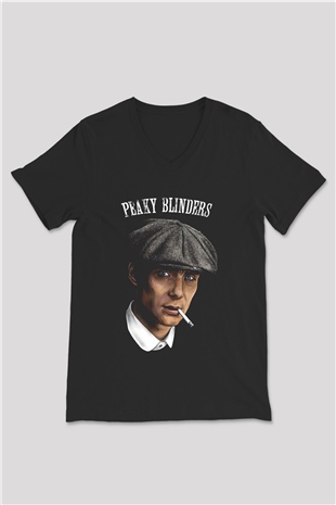 Peaky Blinders Baskılı Unisex Siyah V Yaka Tişört - Tshirt