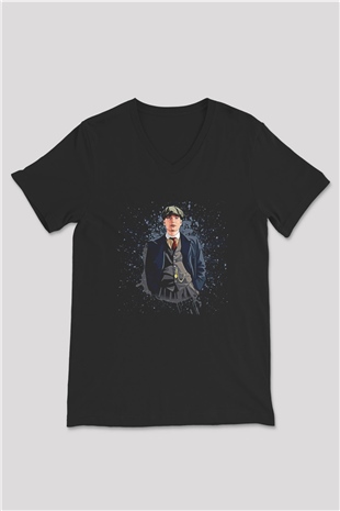 Peaky Blinders Baskılı Unisex Siyah V Yaka Tişört - Tshirt