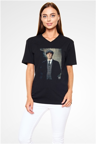 Peaky Blinders Baskılı Unisex Siyah V Yaka Tişört - Tshirt
