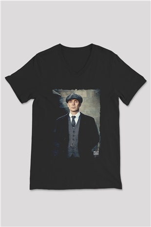 Peaky Blinders Baskılı Unisex Siyah V Yaka Tişört - Tshirt