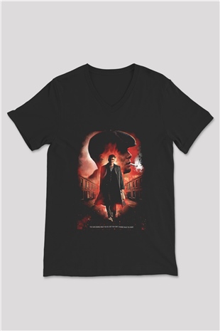 Peaky Blinders Baskılı Unisex Siyah V Yaka Tişört - Tshirt