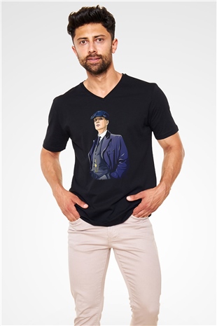 Peaky Blinders Baskılı Unisex Siyah V Yaka Tişört - Tshirt