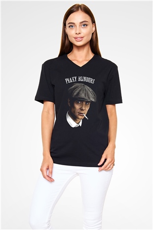 Peaky Blinders Baskılı Unisex Siyah V Yaka Tişört - Tshirt