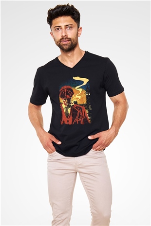 Peaky Blinders Baskılı Unisex Siyah V Yaka Tişört - Tshirt