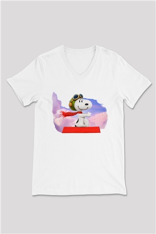 Peanuts Beyaz Unisex V Yaka Tişört