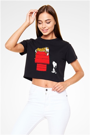 Peanuts Siyah Crop Top Tişört