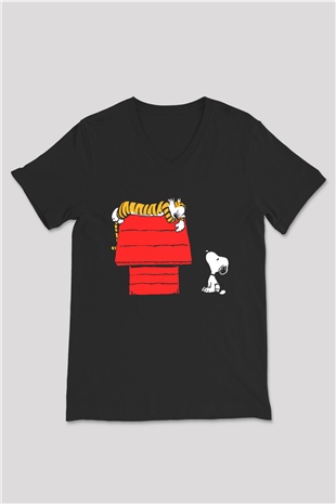Peanuts Siyah Unisex V Yaka Tişört