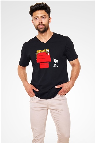 Peanuts Siyah Unisex V Yaka Tişört