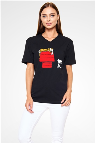 Peanuts Siyah Unisex V Yaka Tişört